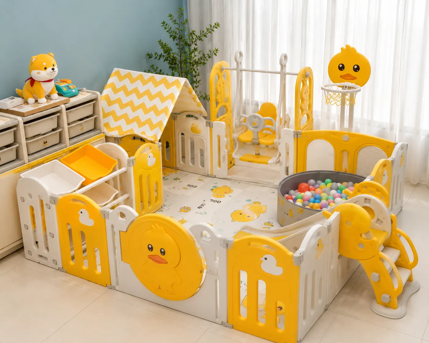 Yellow Duck Kids Playpen with Slide and Swing